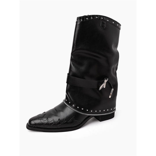 Damen Biker‑Western Midcalf‑Stiefel mit Ziernieten, Schnallenriemen und geprägter Zehenkappe EB