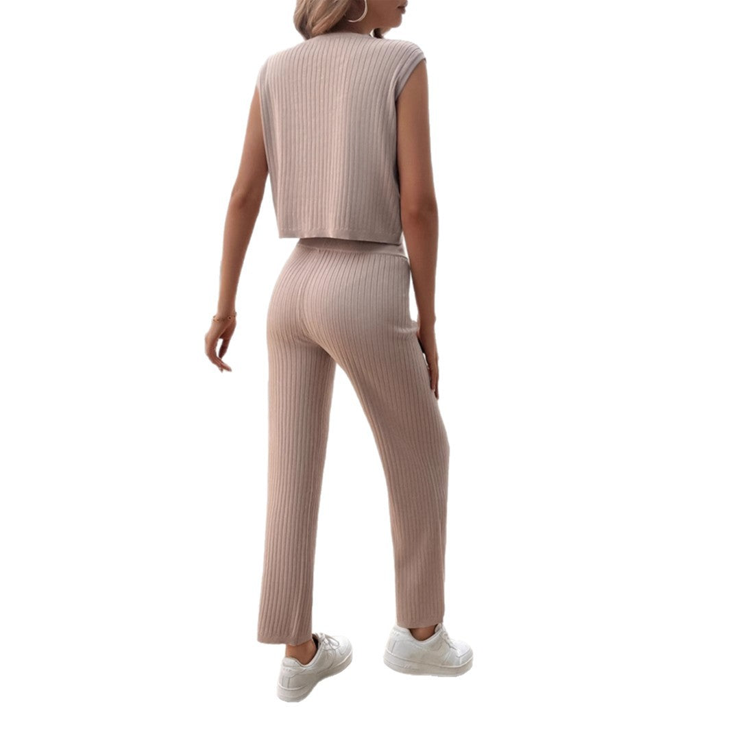 Damen Strick Zweiteiliges Set mit cropped Oberteil und weiter Hose EB