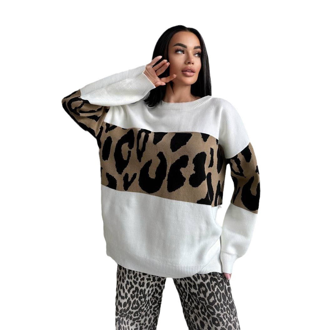 Damen Oversized Strickpullover mit Leoparden-Bahnen, überschnittener Schulter und geripptem Saum Eichborn Berlin