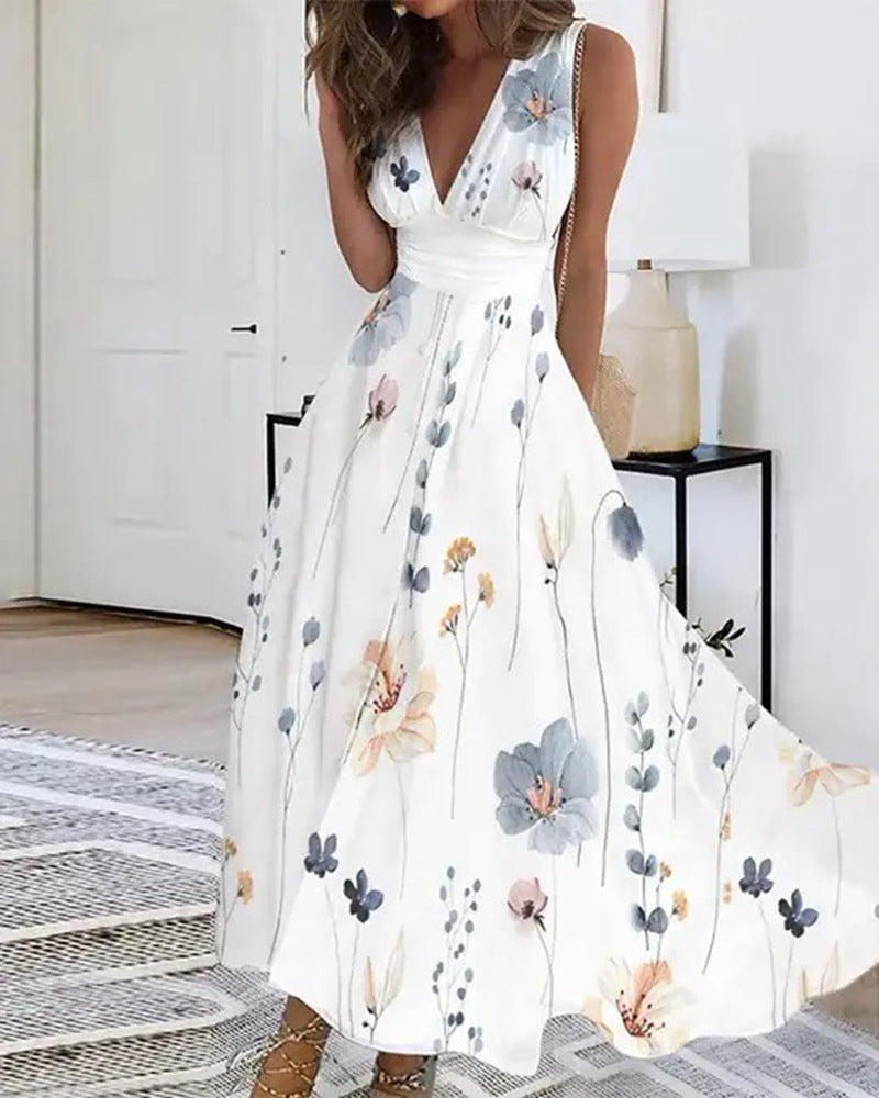 Damen Blumiges A-Linien Maxikleid mit V-Ausschnitt und eleganten Trägern Heidi-Mode