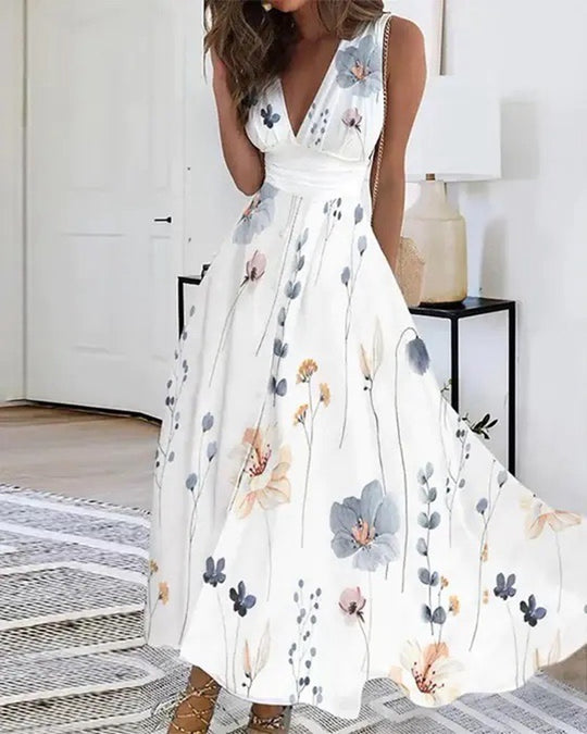Damen Blumiges A-Linien Maxikleid mit V-Ausschnitt und eleganten Trägern Heidi-Mode