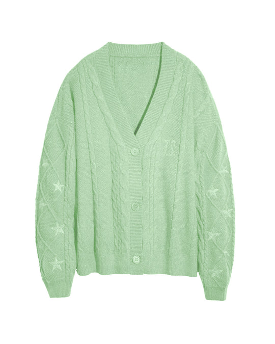 Damen nan großzügiger Grobstrick-Cardigan mit Zopfmuster, V-Ausschnitt und Sternstickereien EB