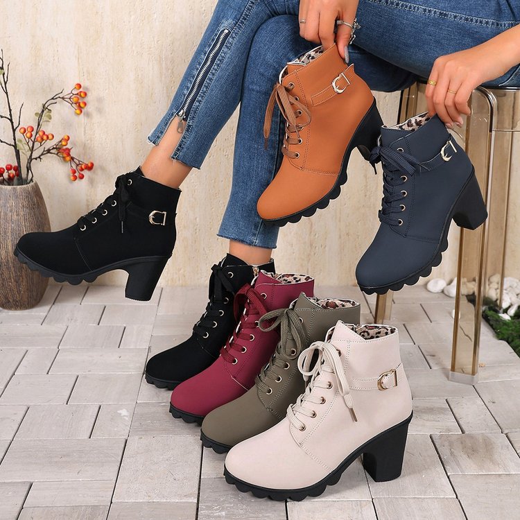 Damen nan knöchelhohe Schnür-Stiefelette mit seitlichem Reißverschluss, dekorativer Gürtelschlaufe, mittelhohem Blockabsatz und profilstarker Laufsohle EB