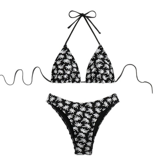 Damen Triangel-Bikini mit fröhlichem Palmenmuster und hohem Beinausschnitt EB