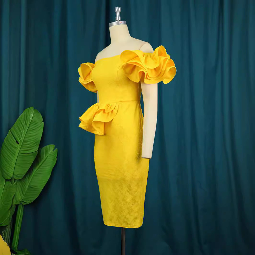 Damen figurbetontes Cocktailkleid mit voluminösen Rüschenärmeln EB