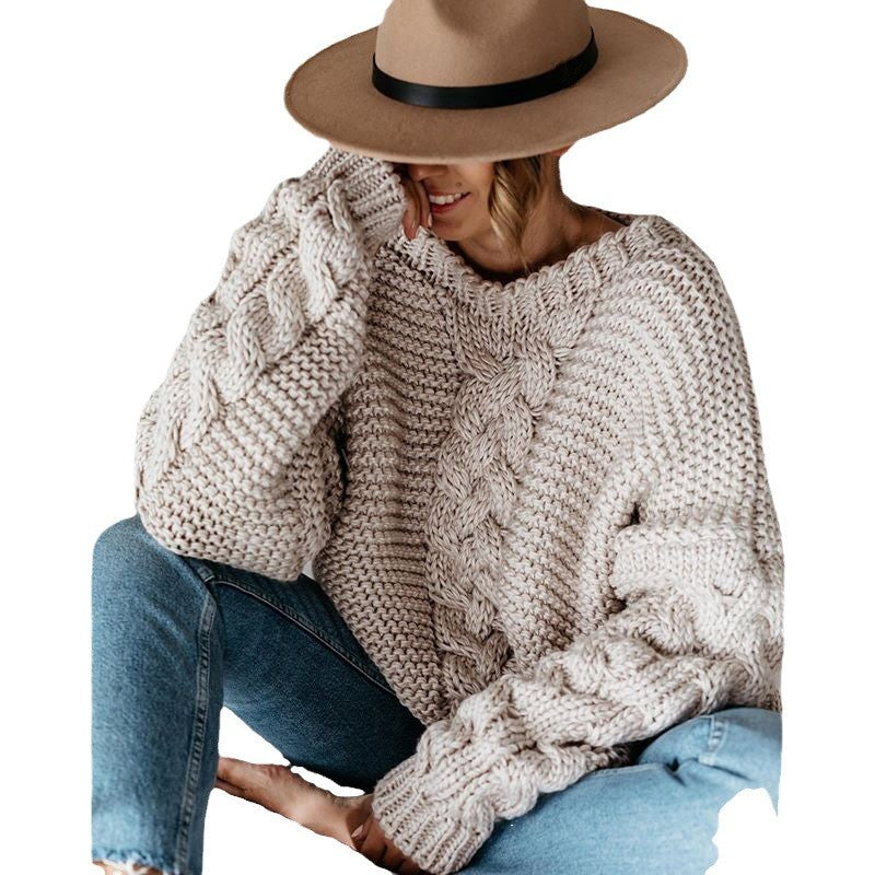 Damen Grobstrickpullover mit Zopfmuster und weitem Schnitt EB