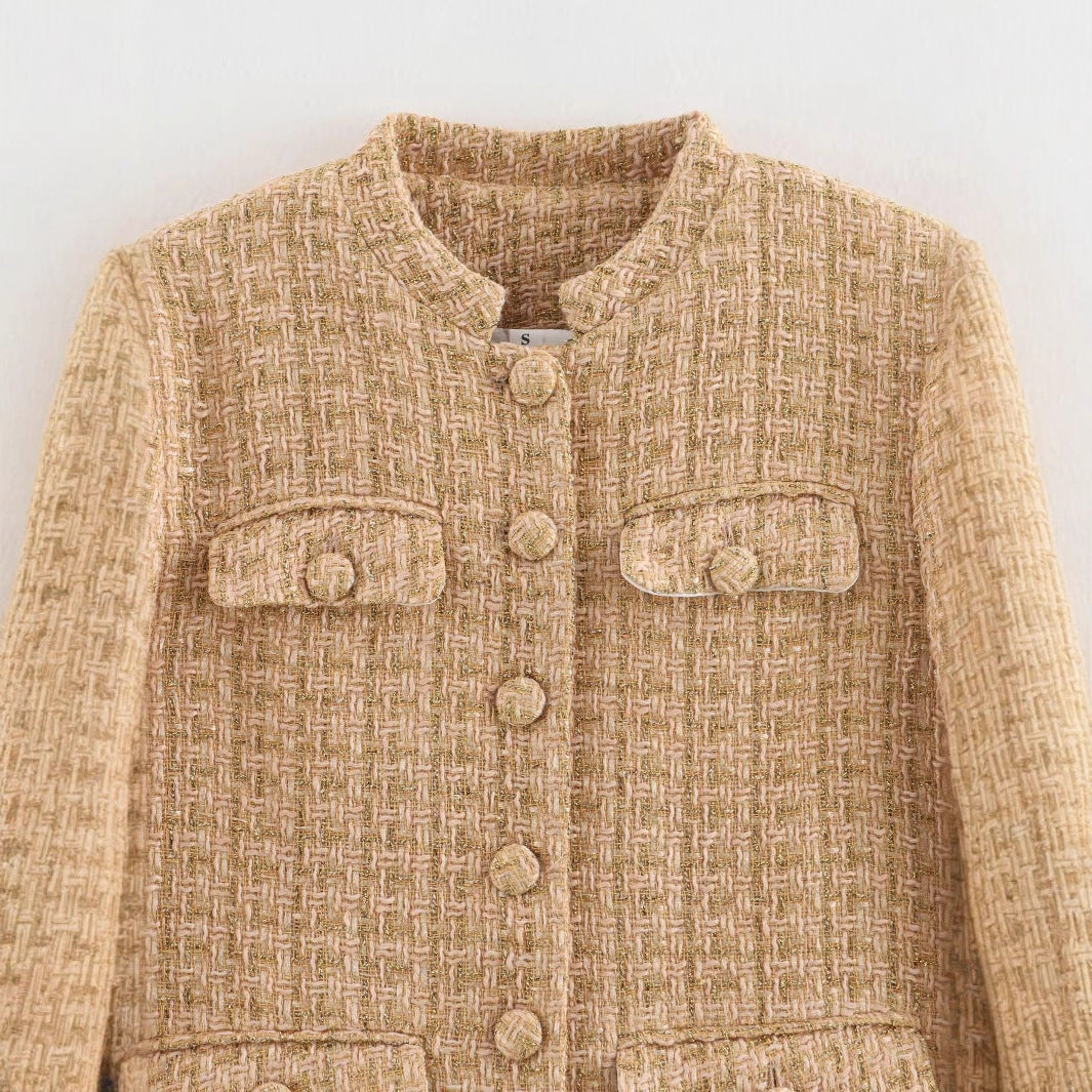 Damen elegante Blazerjacke im klassischen Tweed-Stil mit Knopfdetails EB