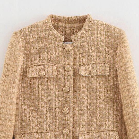 Damen elegante Blazerjacke im klassischen Tweed-Stil mit Knopfdetails EB