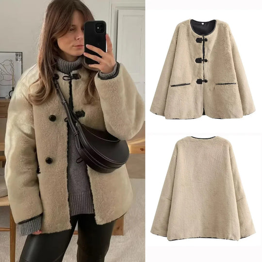 Damen nan kurz geschnittene Teddyjacke mit Knebelverschluss, runder Halslinie und kontrastierenden Kanten EB