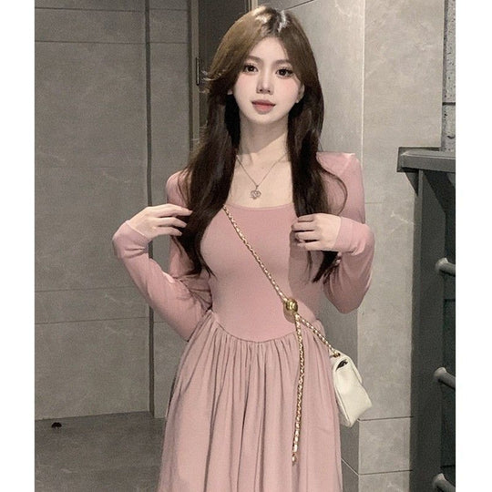 Damen langärmliges Midi-Kleid mit schwingendem Rock und dekorativen Puffärmeln EB