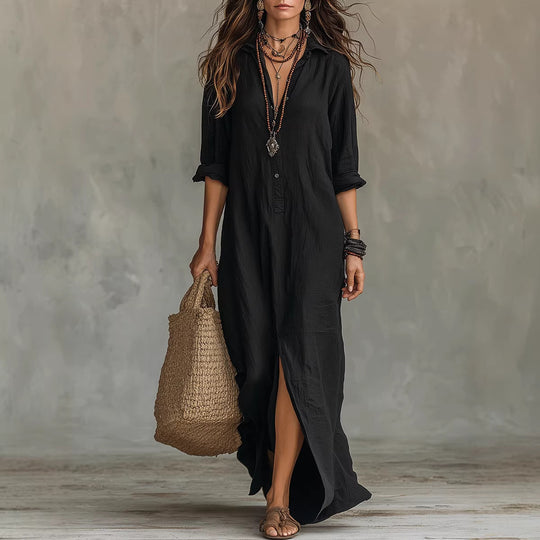 Damen Langes Hemdkleid mit Knopfverschluss und seitlichem Schlitz EB