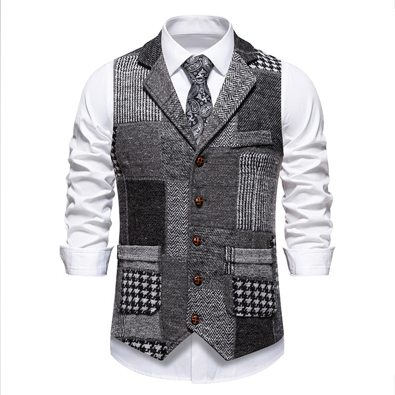 Herren nan Patchwork Weste mit Reverskragen Knopfleiste und aufgesetzten Taschen EB
