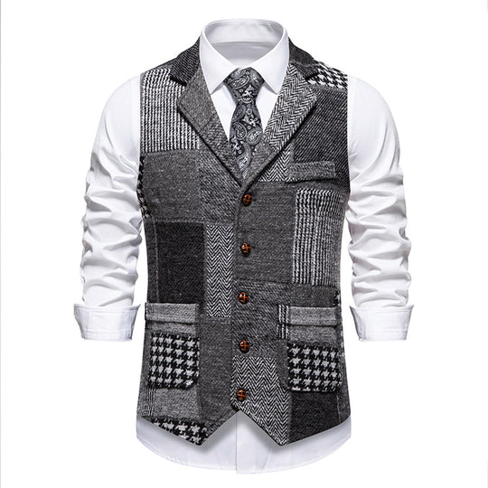 Herren nan Patchwork Weste mit Reverskragen Knopfleiste und aufgesetzten Taschen EB