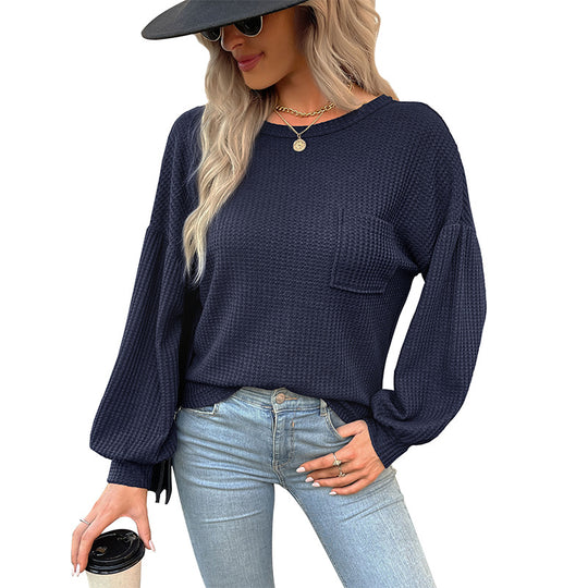 Damen Lässiger Langarmshirt mit strukturiertem Design und dekorativem Taschen EB