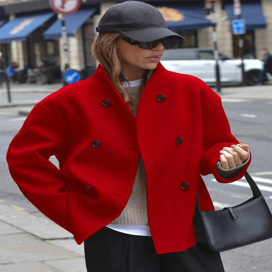 Damen modische Wolljacke mit doppelter Knopfleiste und hohen Kragen EB