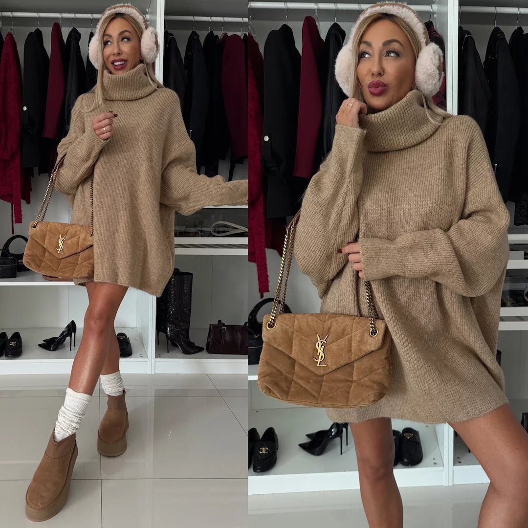 Damen kuscheliges Grobstrick-Minikleid mit extra hohem Rollkragen und oversized Passform EB
