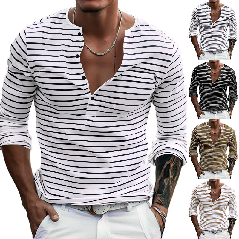 Herren nan gestreiftes Henley-Langarmshirt mit schmaler Knopfleiste, leichtem Baumwollstretch und lässigem Regular Fit EB