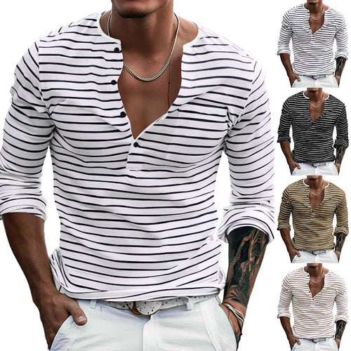 Herren nan gestreiftes Henley-Langarmshirt mit schmaler Knopfleiste, leichtem Baumwollstretch und lässigem Regular Fit EB