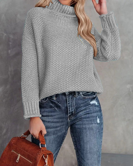 Damen kuscheliger Strickpullover mit hohem Kragen und luftiger Struktur EB