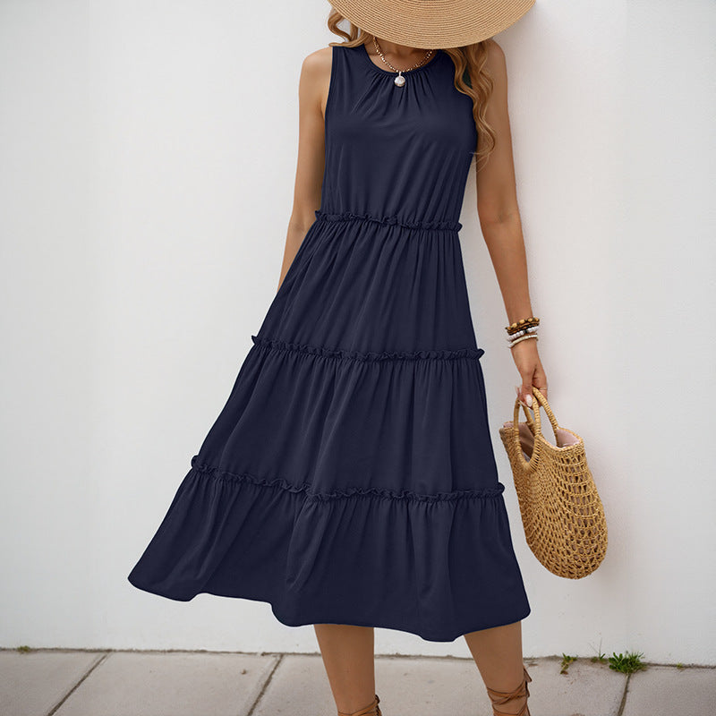 Damen Maxi-Kleid mit Rüschendetails und elastischem Taillenbund EB