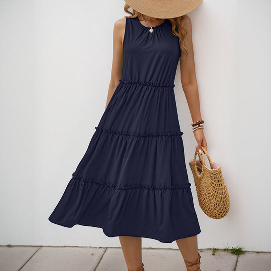 Damen Maxi-Kleid mit Rüschendetails und elastischem Taillenbund EB