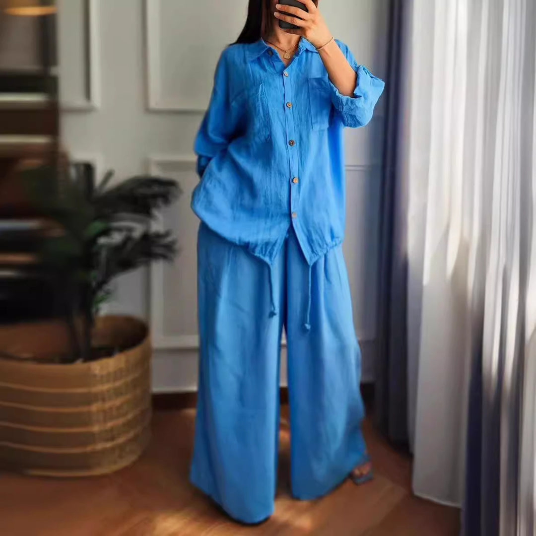 Damen Leinen-Set mit weiten Hosen undlässiger Bluse EB