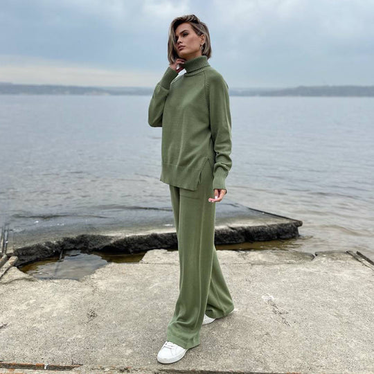 Damen Strick-Loungewear-Set mit hohem Kragen und weitem Schnitt EB