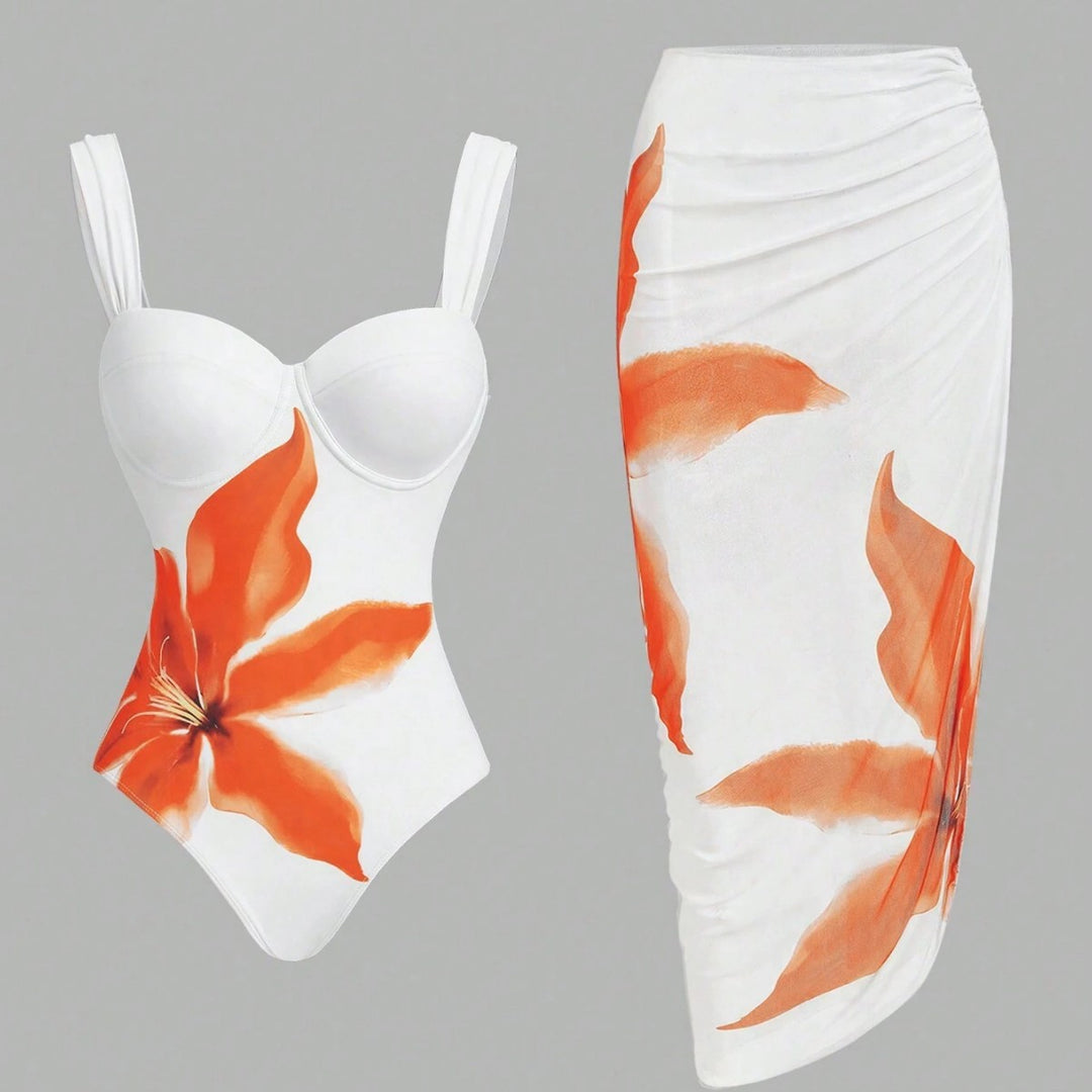 Damen Badeanzug mit elegantem floralem Design und passendem Wickelrock EB
