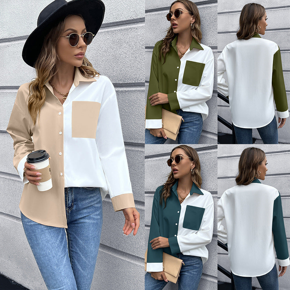 Damen Elegante Oversized Bluse mit Kontrastpaten EB