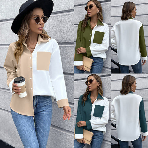 Damen Elegante Oversized Bluse mit Kontrastpaten EB