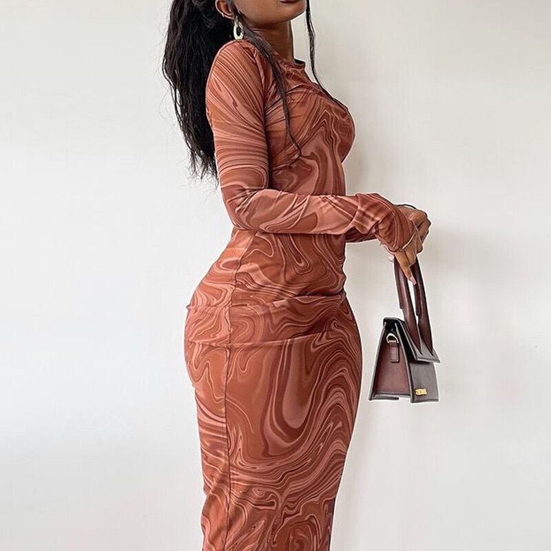 Damen Elegantes Maxikleid mit modernem Marmormuster und figurbetontem Schnitt EB
