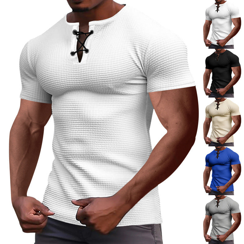 Herren nan Kurzarmshirt mit Schnürkragen, Metallösen und feinem Strukturjersey EB