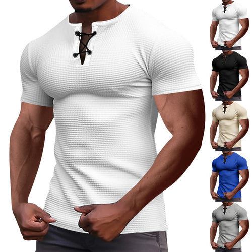 Herren nan Kurzarmshirt mit Schnürkragen, Metallösen und feinem Strukturjersey EB