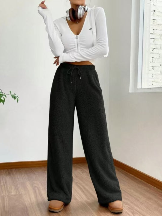 Damen nan hochtaillierte Teddyfleece-Loungehose mit weitem Bein, Kordelzug und seitlichen Eingrifftaschen EB