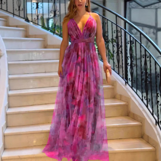 Damen Elegantes Maxikleid mit tiefem V-Ausschnitt und luftigen Stoffschichten EB