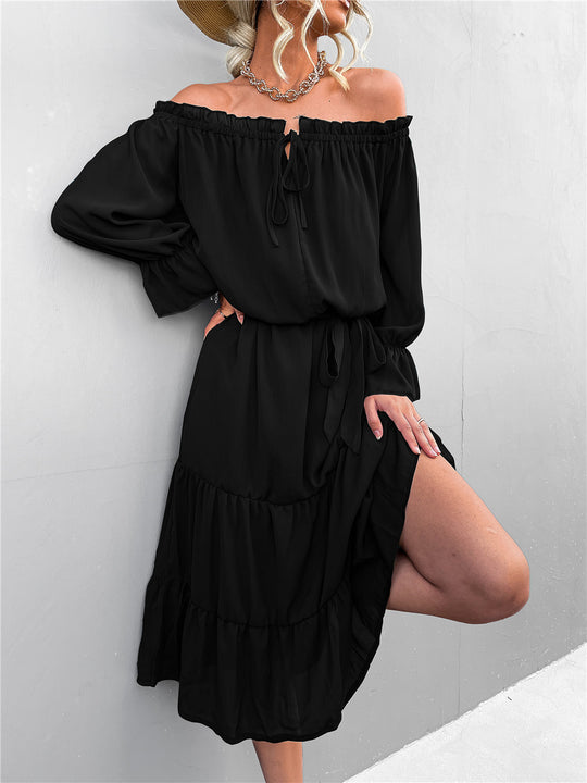 Damen lässiges Off-Shoulder Kleid mit Rüschensaum und Taillengürtel EB