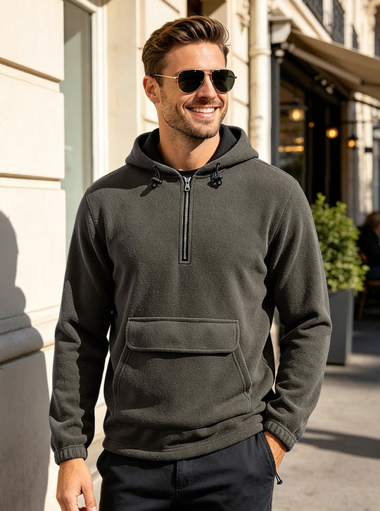 Herren Fleece-Hoodie mit halbem Reißverschluss, Kängurutasche und verstellbarer Kapuze EB