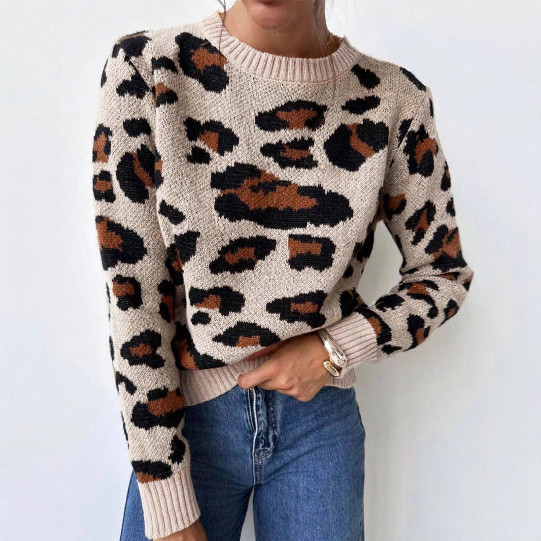 Damen kuscheliger Strickpullover mit Leopardenmuster und überschnittenen Schultern EB