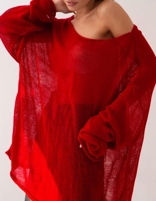 Damen luftige Strickbluse mit offenen Schultern und weiten Ärmeln EB