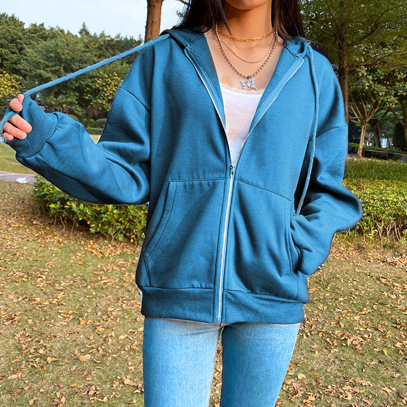 Damen nan legerer Kapuzen-Zipper mit Oversize-Passform, Kängurutaschen und durchgehendem Reißverschluss EB