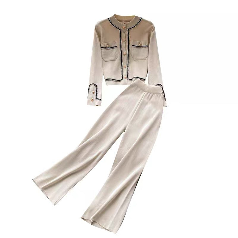 Damen elegantes Strick-Loungewear-Set mit feinen Knopfdetails und weitem Bein EB
