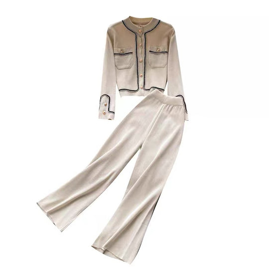 Damen elegantes Strick-Loungewear-Set mit feinen Knopfdetails und weitem Bein EB