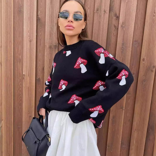 Damen weiter Strickpullover mit Pilzmotiv Rundhals Rippbündchen Eichborn Berlin