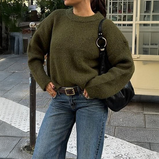 Damen nan kuscheliger Oversize-Strickpullover mit Rundhalsausschnitt und voluminösen Ballonärmeln EB