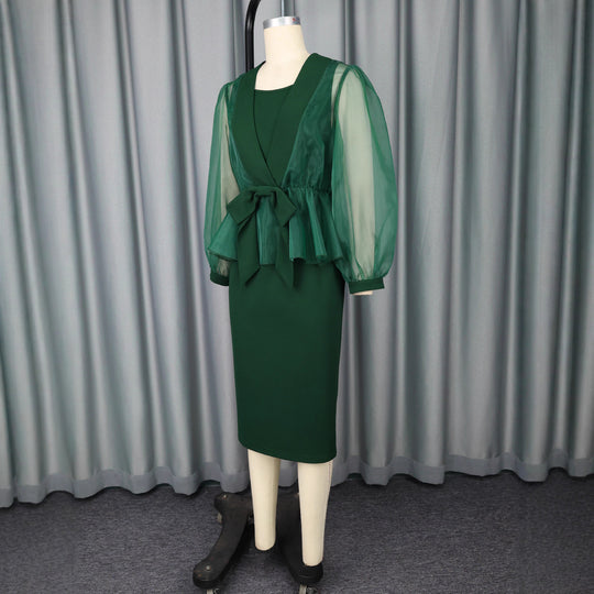Damen elegantes Kleid mit transparentem Ärmel und tailliertem Gürtel EB
