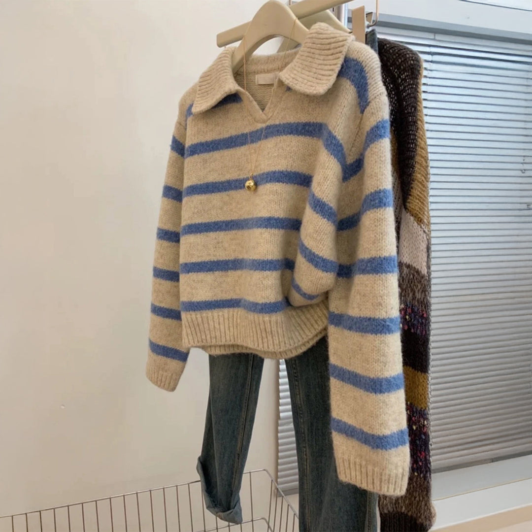 Damen nan kuscheliger Oversize-Strickpullover mit Polokragen und breiten Streifen EB