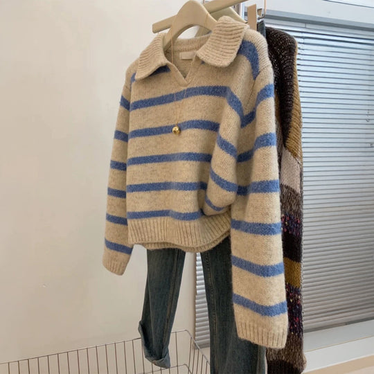 Damen nan kuscheliger Oversize-Strickpullover mit Polokragen und breiten Streifen EB