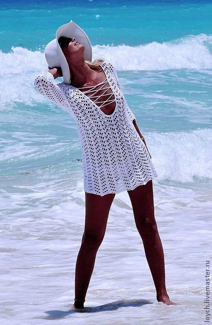 Damen gehäkeltes Strandkleid mit tiefem V-Ausschnitt und verführerischem Rückenausschnitt EB