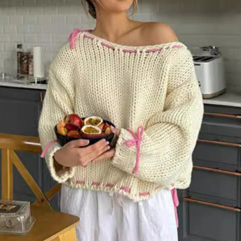 Damen lässiger Pullover mit offener Schulter und dekorativem Bindegürtel EB