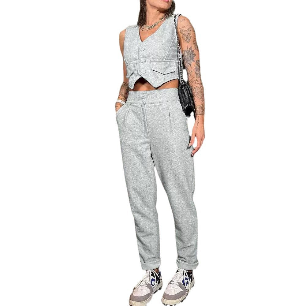 Damen modisches Zweiteiler-Set mit Knopfleisten und hoher Taille EB